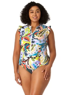 Anne Cole Flutter Sleeve Zip Up One Piece Plus Size Swimsuit