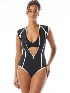 Beach House Zip Front One Piece Swimsuit -Swimwear Specialty Store H22718ZipFrontOncePieceBlackFrontEditUnzipped